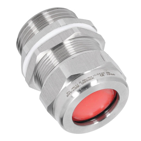 Close-up of explosion-proof stainless steel cable gland with red seal, 1-inch NPT/M32 thread for electrical boxes