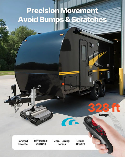 Heavy Duty Electric Trailer Mover Tackles 9000 Lbs Loads Via Remote Control near RV in storage with precision movement.