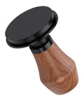 Heavy Duty Spring Loaded Espresso Coffee Tamper With Solid American Walnut Handle And Durable Titanium Base top view with rounded design.