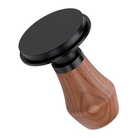 Heavy Duty Spring Loaded Espresso Coffee Tamper With Solid American Walnut Handle And Durable Titanium Base top view with rounded design.