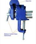Side view of Handy 3 Inch Woodworking Vise Clamp for home shop, in blue finish with visible steel slide rail and multi jaw function.
