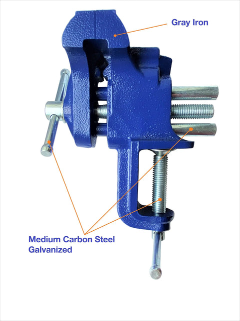 Side view of Handy 3 Inch Woodworking Vise Clamp for home shop, in blue finish with visible steel slide rail and multi jaw function.