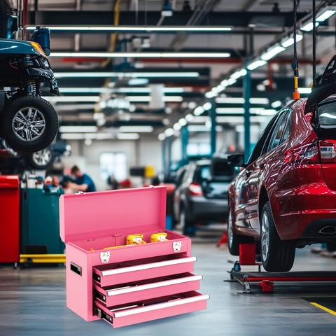 3 Drawer Metal Tool Box With EVC Liners And Latch Closure in pink, open in a busy garage, showing ball bearing opening drawers.