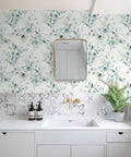 Peel And Stick Boho Green And White Eucalyptus Leaf Wallpaper For Walls Easy Install No Mess Removable And Repositionable Renter Friendly Durable Matte Finish Perfect For Nursery And Home Decor Seventeen Point Three Inches By Seventy Eight Point Seven in a bathroom