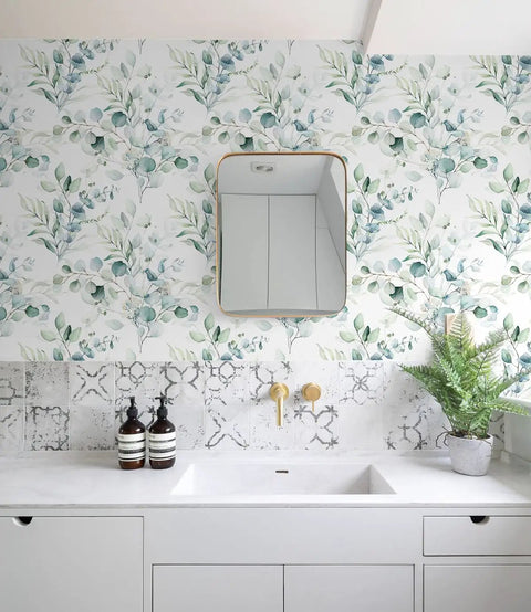 Peel And Stick Boho Green And White Eucalyptus Leaf Wallpaper For Walls Easy Install No Mess Removable And Repositionable Renter Friendly Durable Matte Finish Perfect For Nursery And Home Decor Seventeen Point Three Inches By Seventy Eight Point Seven in a bathroom