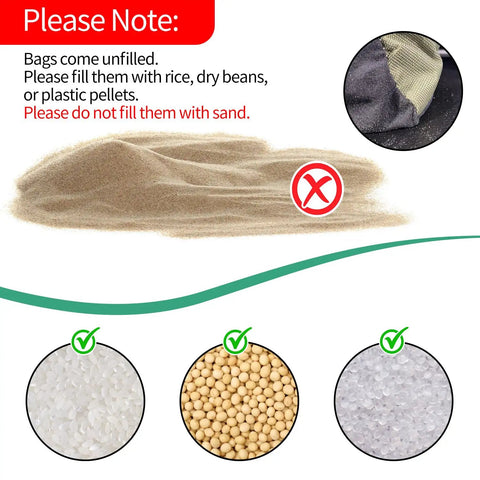 Front And Rear Rest Bags With Unfilled Sandbags instruction not to use sand, but fill with rice, beans, pellets