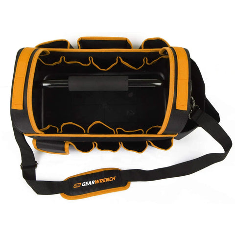 Top view of 16 Inch Handled Tool Tote Bag With Reinforced Bottom And Water Resistant Construction 42 Inch Removable Adjustable Strap