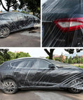 Car with 4-Pack Universal Car Cover Rain Dust Protection With Elastic Hem Lightweight Clear Plastic Covers For Garage Outdoor Use Reusable Fits Up To 12 Ft By 22 Ft, shown in outdoor setting.
