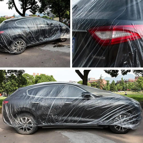 Car with 4-Pack Universal Car Cover Rain Dust Protection With Elastic Hem Lightweight Clear Plastic Covers For Garage Outdoor Use Reusable Fits Up To 12 Ft By 22 Ft, shown in outdoor setting.