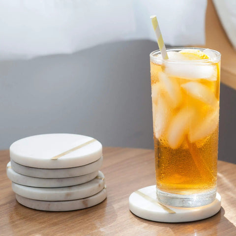 Dope White Marble Coasters Set Of 6 With Gold Brass Inlay For Luxury Aesthetic Modern Coffee Table Decor Real Natural Semi Absorbent Stone Drink Coasters Premium Quality with iced drink on table