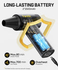 Cutaway view of Gust B11 Mix 110000RPM Electric Air Duster And Portable Fan showing dual batteries, black nozzle, and yellow grip handle.