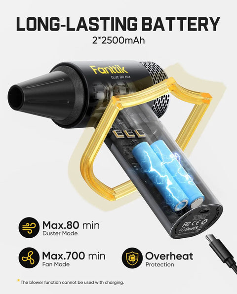 Cutaway view of Gust B11 Mix 110000RPM Electric Air Duster And Portable Fan showing dual batteries, black nozzle, and yellow grip handle.