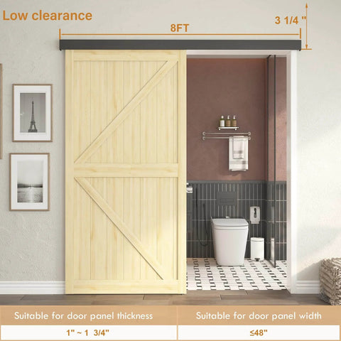 8 Foot Sliding Barn Door Hardware Kit With Low Clearance Aluminum Box Rail installed on wooden barn door