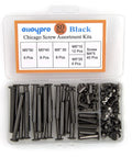 Hardcore No Nonsense Black Chicago Binding Screws M5 Assortment Kit With 80 Pieces in clear box showing various lengths and quantities.