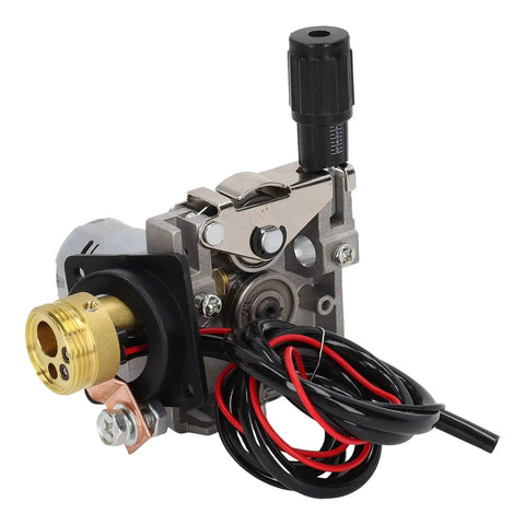 24V MIG MAG Wire Feed Motor for welding equipment, compact aluminum body, adjustable feed speed, wire and connections visible