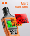 Portable Carbon Monoxide Detector With Audible And Visual Alarm And Backlit LCD For Home Car Camping And Travel Zero To Five Thousand PPM Includes Batteries And Carrying Case Orange showing LCD screen with readings.