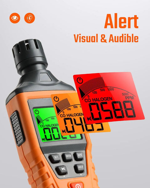 Portable Carbon Monoxide Detector With Audible And Visual Alarm And Backlit LCD For Home Car Camping And Travel Zero To Five Thousand PPM Includes Batteries And Carrying Case Orange showing LCD screen with readings.