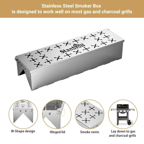Stainless Steel Smoker Box For Gas Grilling With Double V-Shape Design And Hinged Lid shown on a white background