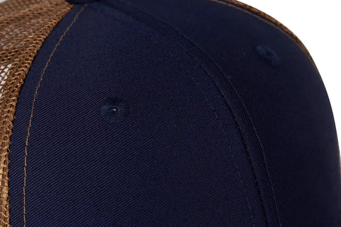 Close-up of Western Farm Tractor Trucker Hat With Embroidered Design Custom Text Adjustable Mesh Back Cap in navy and brown polyester.