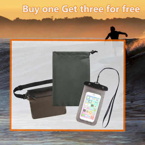 20L Waterproof Dry Bag Backpack With Roll Top Closure, Waist Pouch And Phone Case set against a surfing background.