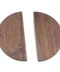 Round Wood Cabinet Knob Pull Pair in Black Walnut, split view, 2.52 inch hole centers, solid hardwood handles, minimalist hardware.
