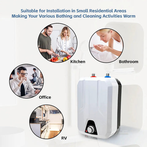 Compact Tankless Water Heater Under Sink For Kitchen Serving Up Right Quick Hot Water With Slick Temp Dial And Snappy 1500W Coil For Hassle Free Washing in various settings.