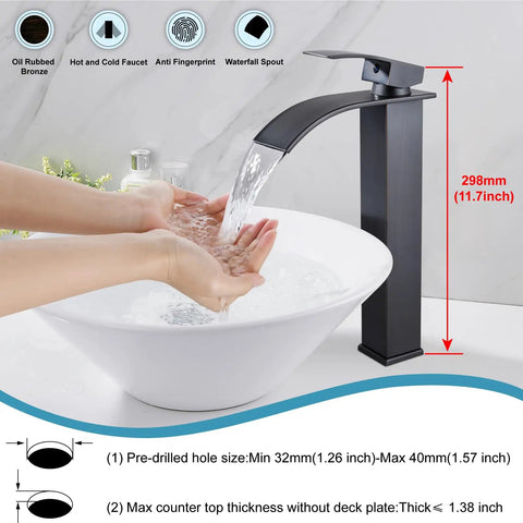 Vessel Sink Waterfall Tall Bathroom Faucet, Modern Vanity With Single Handle, Oil Rubbed Bronze, waterfall spout in use