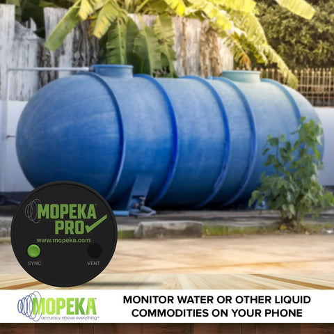 Large blue tank monitored by Mopeka Pro Check Universal Sensor Bluetooth Ultrasonic Tank Level Sensor for aluminum, plastic, poly tanks.
