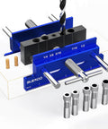 Upgraded 6.7 Inch Self Centering Doweling Jig Kit with 6 guide bushings for precise panel furniture holes, adjustable width.