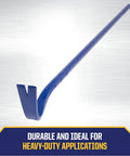 Heavy Duty 42 Inch Steel Wrecking Bar With Rounded 90 Degree End, Nail Pullers, Tri-Lobe Grip, Beveled Prying Tips.