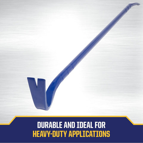 Heavy Duty 42 Inch Steel Wrecking Bar With Rounded 90 Degree End, Nail Pullers, Tri-Lobe Grip, Beveled Prying Tips.