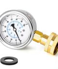 Pressure gauge with 2.5-inch dial, stainless steel case, brass 3/4 in female fitting, sealing ring.