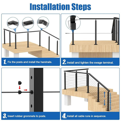 Installation steps for Complete Stair Cable Railing Kit For 10 To 15 Ft Runs With 3 Black 36 Inch Posts, 220 Ft One Eighth Inch Stainless Wire Rope, Invisible Cable System, DIY Post Kit No Handrail For 25 To 35 Degree Stairs Easy DIY Install