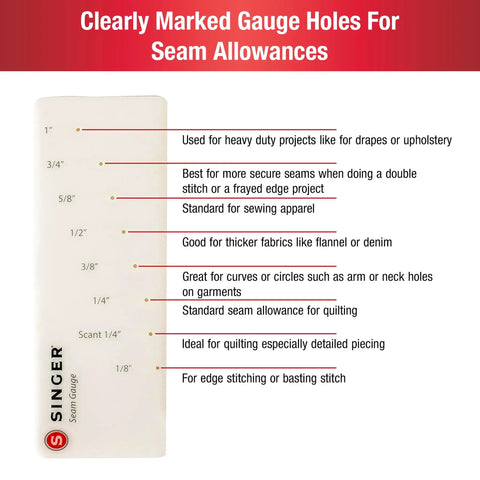 Stitch Gauge And Guide For Sewing Enthusiasts showing pre-drilled holes for one eighth to one inch seam allowances.