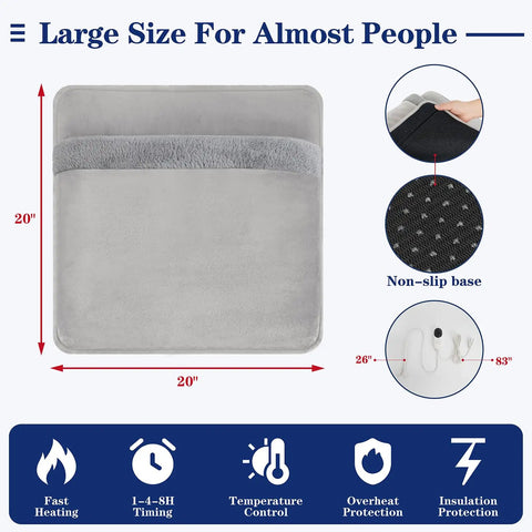Double Sided Electric Foot Warmer With LCD Display And Auto Shut Off, 9 Heat Settings, showing size and non-slip base