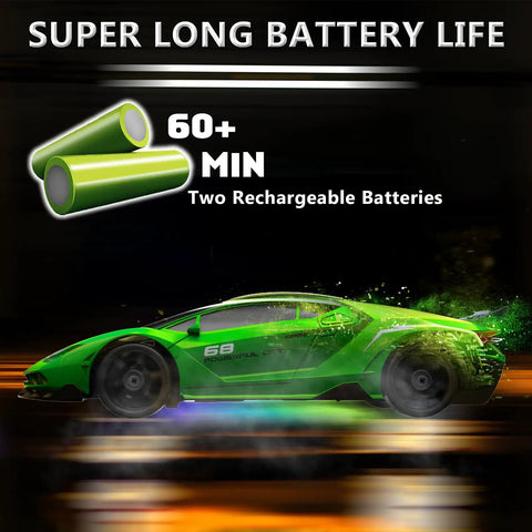 Remote Control Drift Car One Twenty Four Scale With 2.4GHz showing two rechargeable batteries with 60+ minute life