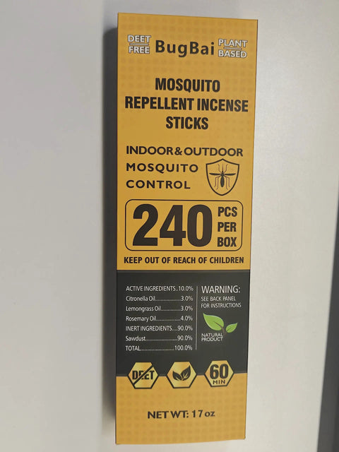 Citronella Mosquito Repellent Incense Sticks 240 pack box showing plant-based DEET-free ingredients for outdoor use.