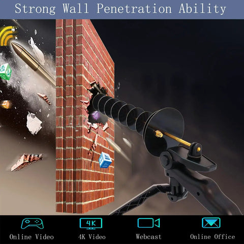 16dBi 2.4GHz WiFi Directional Yagi Antenna High Gain for Long Range Signal Boost on Drones Cameras Routers and USB Adapters with RPSMA and SMA Connectors mounted on tripod, brick wall penetration illustration