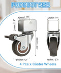 Heavy Duty 2 Inch Swivel Caster Wheels With Brakes, 4 Pack, 1 Inch U Bracket Opening, product size dimensions displayed