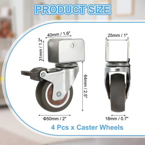 Heavy Duty 2 Inch Swivel Caster Wheels With Brakes, 4 Pack, 1 Inch U Bracket Opening, product size dimensions displayed