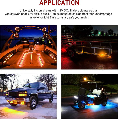 Vehicles including a boat, bus, truck, and golf cart equipped with amber marker lights from 10-Pack Compact 3/4 Inch Round Clearance LED Marker Lights Kit