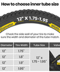 Two Pack 12 Inch Inner Tubes For Kids Bikes Fits Most 12 Inch Wheels From 1.75 To 1.95 Wide Thick Butyl Rubber Guide