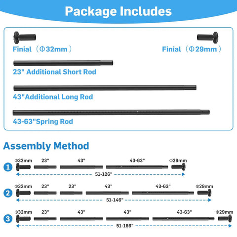 Diagram showing package contents of Extra Long Tension Curtain Rod For Patio Windows No Drill Dual-End Adjustable Spring Rod