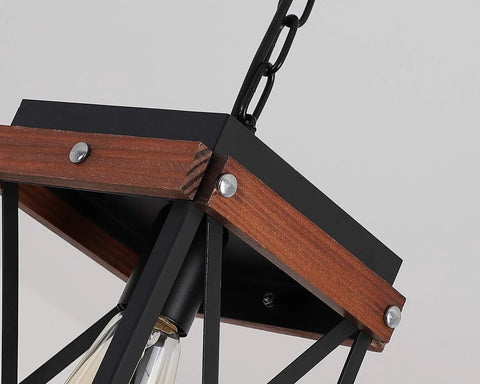 Close-up of Dope Rustic Farmhouse Pendant Light with wood and metal cage, showing the light bulb and adjustable chain detail.