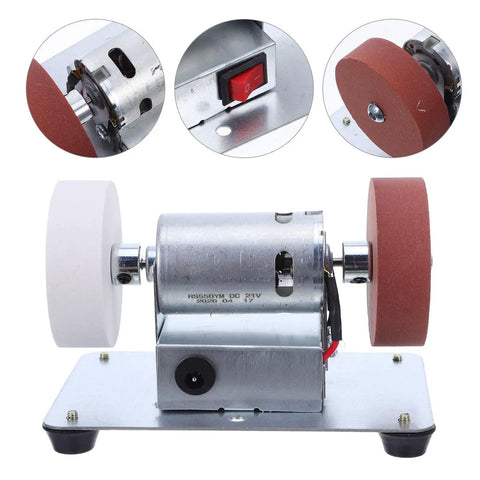 Sick Smooth Mini Bench Grinder Stainless Steel Electric Desktop Belt Sander With No Sweat Knife Sharpening And Fast Blade Restoration Slick Plug Play Garage Essential, showing motor and grinding wheels.
