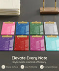 Glitter Mini Clipboards Set In 8 Assorted Colors 5.9 x 3.9 Inches Slim Acrylic Clipboards With Gold Low Profile Clip Bling Pocket Memo Holders For Nurses Office Tasks And School Hustle, eight mini clipboards on desk