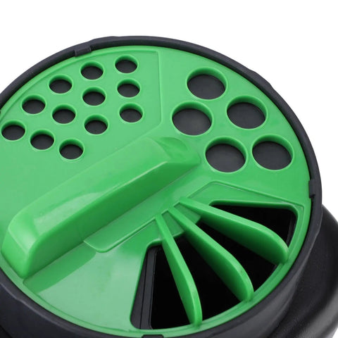 Close-up of lid on Portable 2L Handheld Spreader for Lawn Care with Adjustable Opening Sizes Lightweight ABS Tool Pro Grade