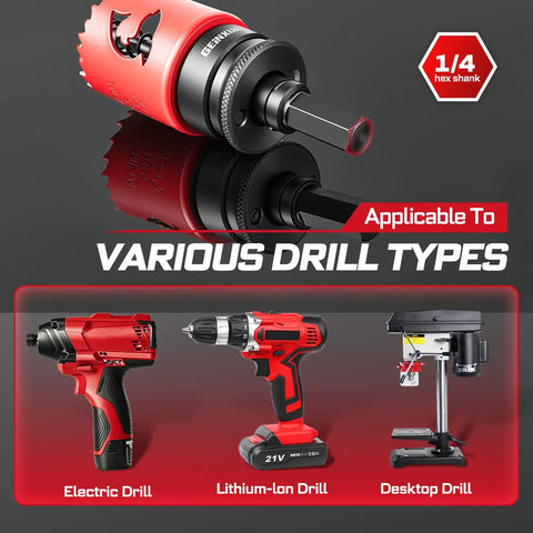 Half Inch HSS Bi Metal Hole Saw Kit With Shark Tooth Cutters For Wood Drywall PVC And Thin Metal Drilling Heavy Duty Tool, compatible with electric and lithium-ion drills.