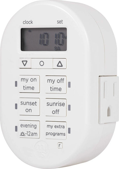 Smooth Operator Indoor Plug In Digital Timer With Two Grounded Outlets And Sunsmart Sunrise Sunset Tracking For Zero Hassle Weekly Scheduling Slick White Build displaying control panel and LCD.