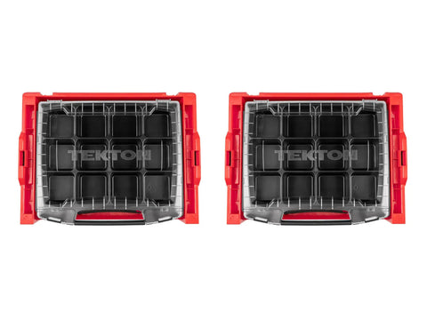 Two red toolboxes with clear lids showing compartments, part of Six-Drawer Rolling Stack With Tool Box And L-BOXX 2 Trays.